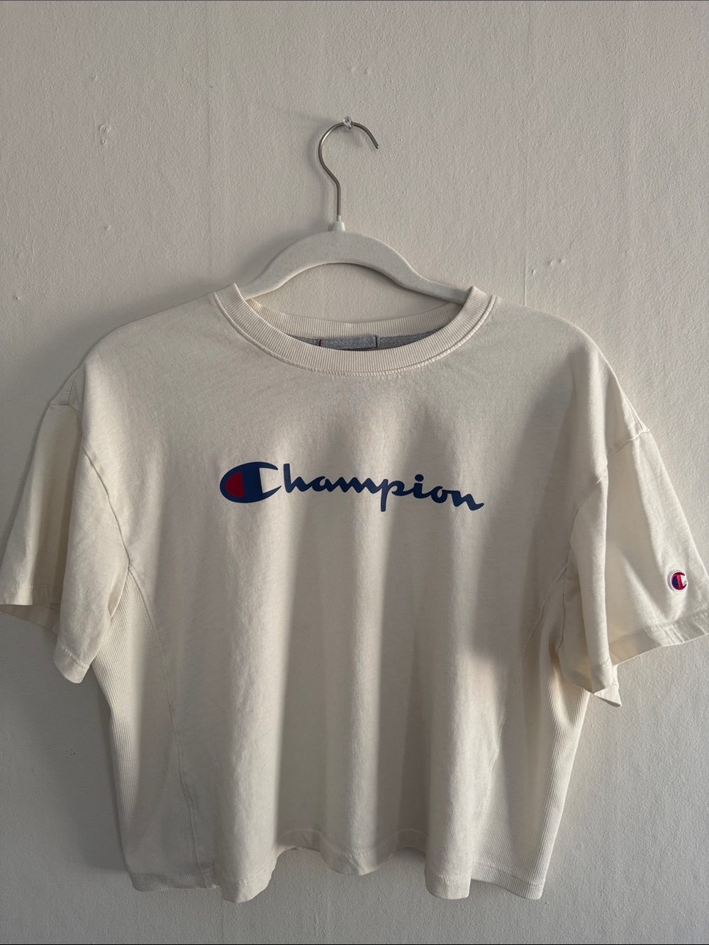 Champion Cream Short Sleeve Tee with Navy Script and Red Logo